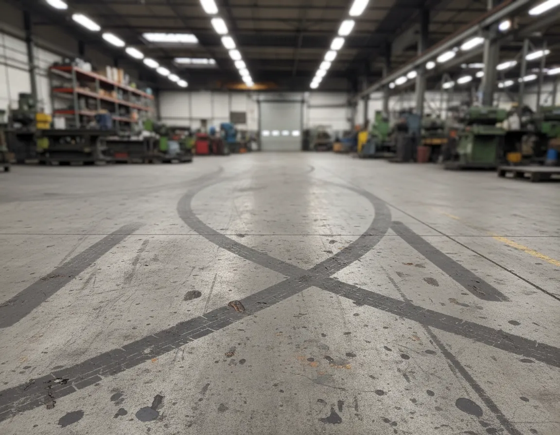 Before – industrial shop floor with tire marks